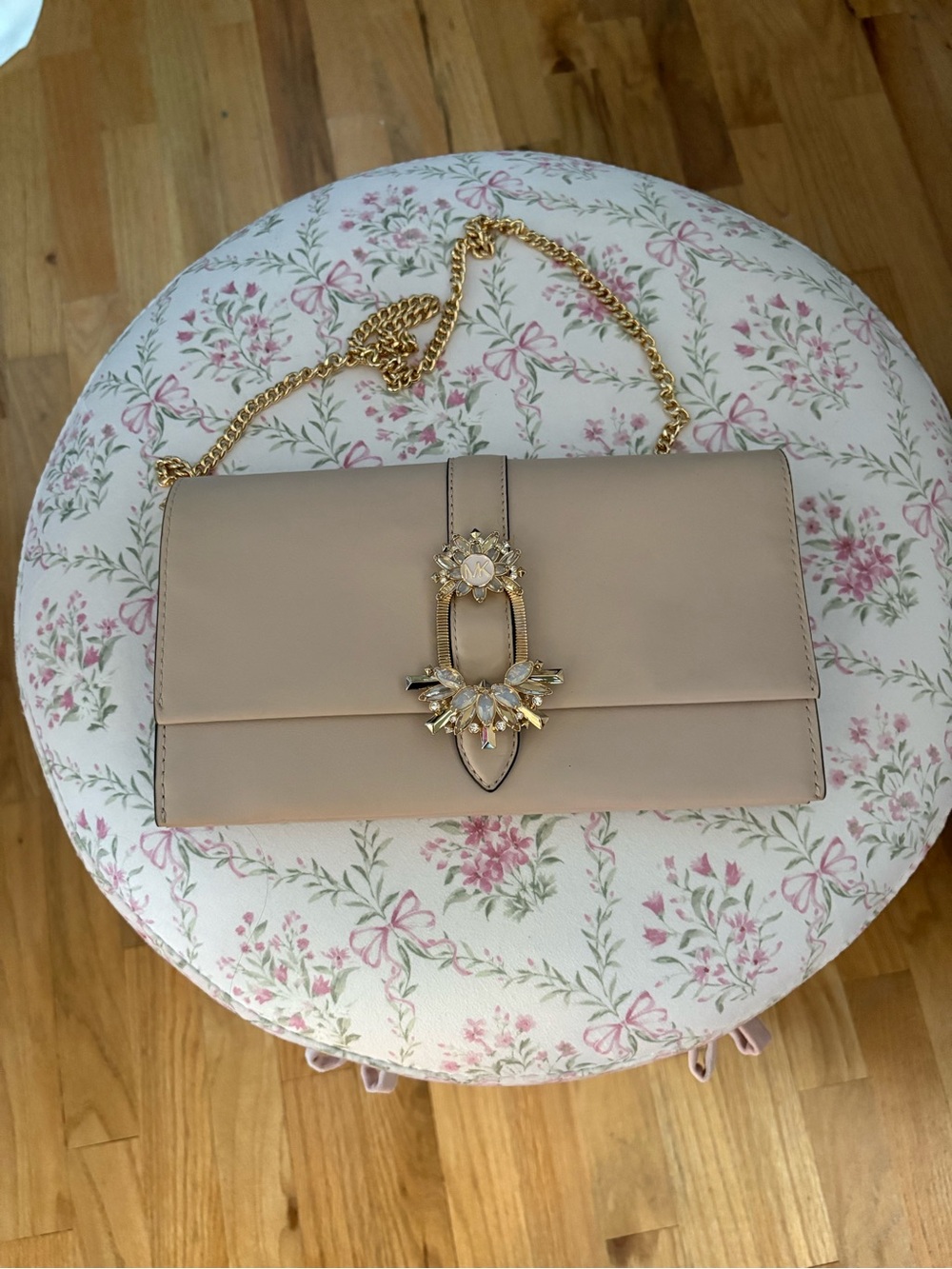 Michael Kors Light Pink Chain Crossbody with Crystal Floral Accent